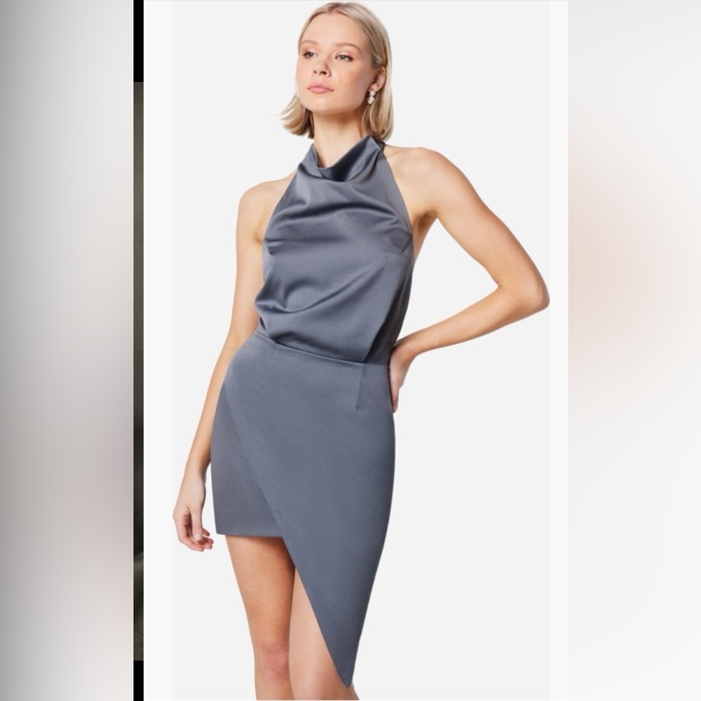 Elliatt Camo Asymmetric Satin Cocktail Dress Size Small Gray Charcoal Halter NWT
